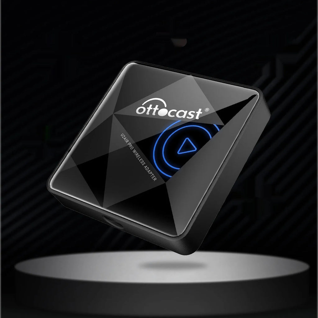 Black square Car Bluetooth AIBOX wireless adapter with Type-C port on a car dashboard.
