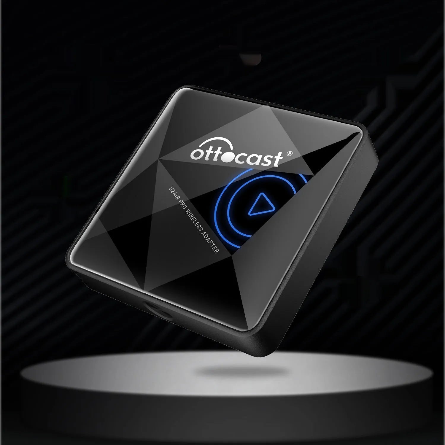 Black square Car Bluetooth AIBOX wireless adapter with Type-C port on a car dashboard.