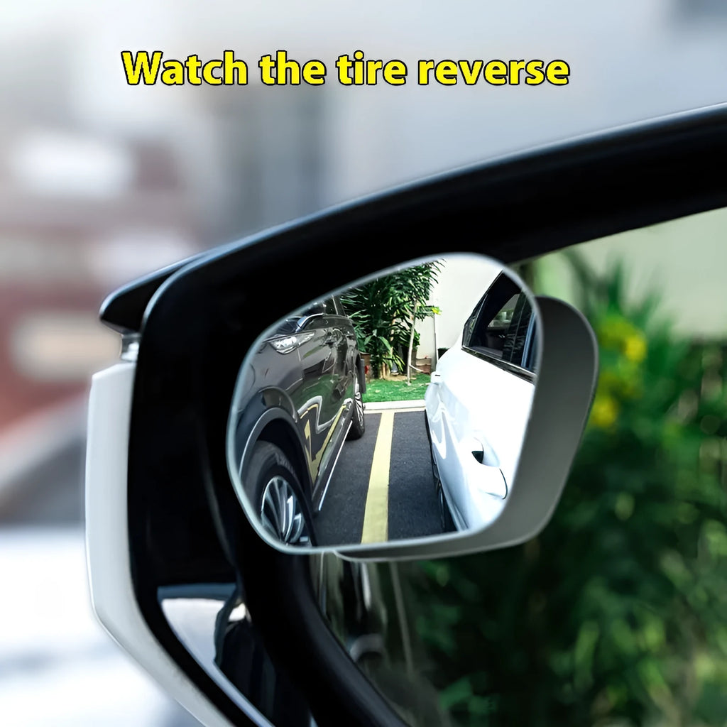 Pair of 360-degree wide-angle suction cup car mirrors in black, white, and silver on a car windscreen