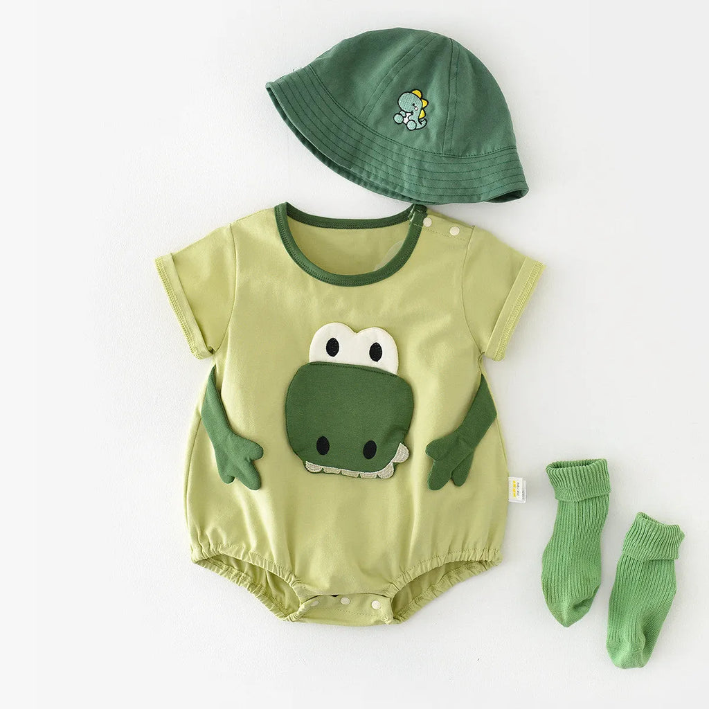 Light green cotton cartoon dinosaur full moon jumpsuit for infants with pullover closure