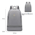 Large beige dry wet separation backpack with curved shoulder straps shown open to display compartments