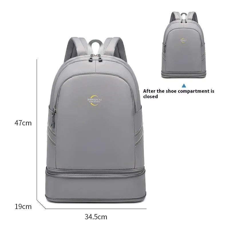 Large beige dry wet separation backpack with curved shoulder straps shown open to display compartments