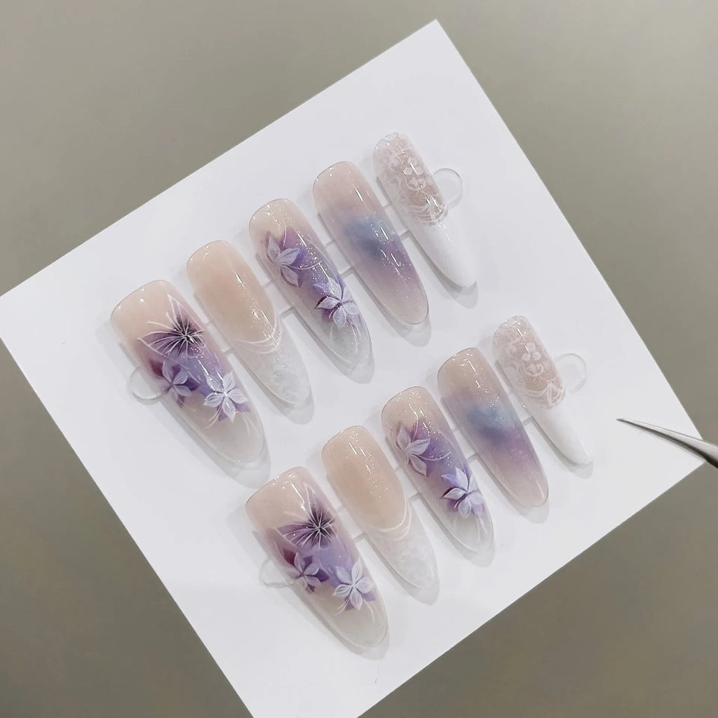 Chinese style butterfly oval almond prefabricated nail art stickers, 40PCS, ziling colour, frosted or glossy finish