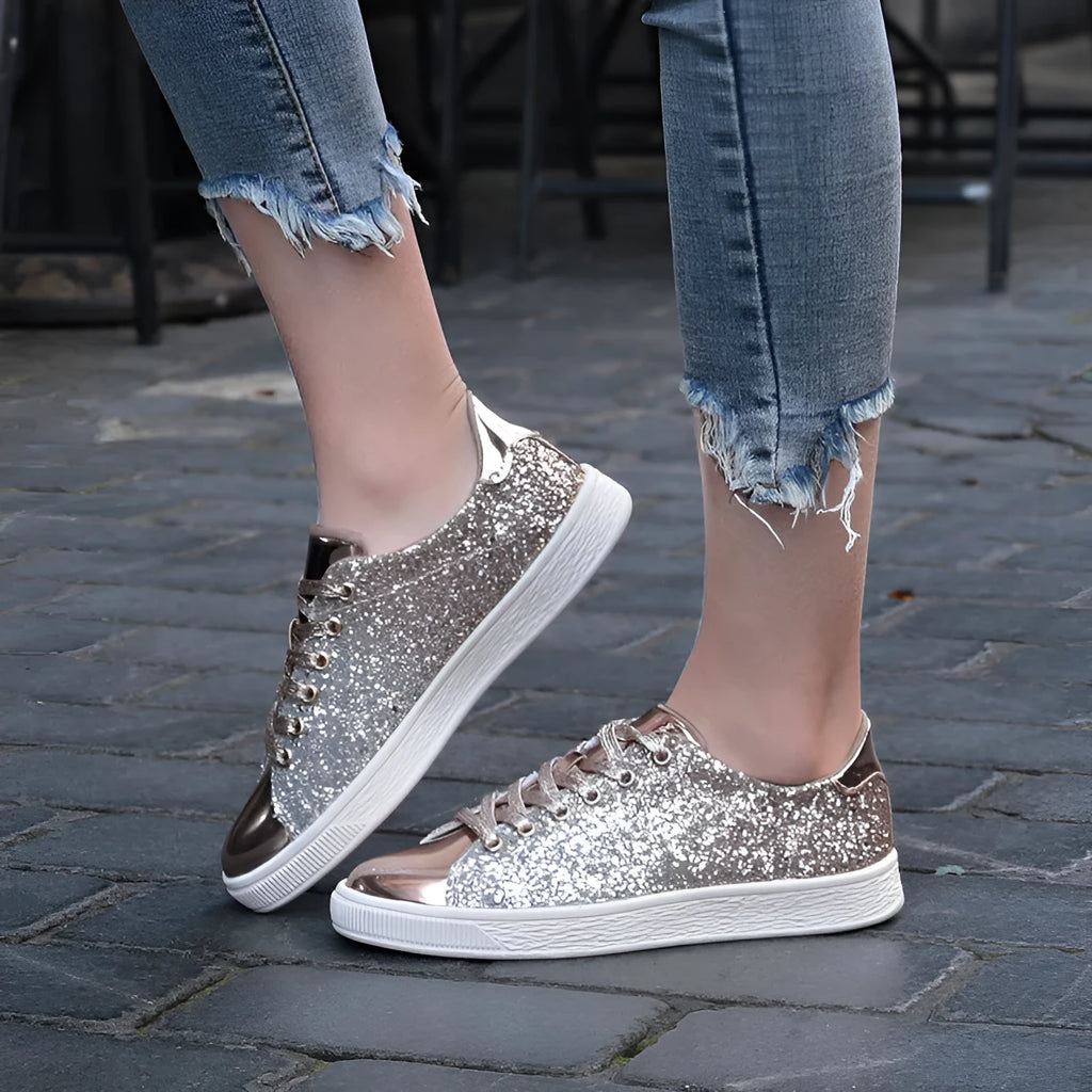 Women's colourful sequinned casual low-top shoes with lace-up front and round toe