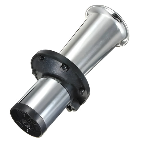 Black automotive horn with silver finish for 12V vehicle installation
