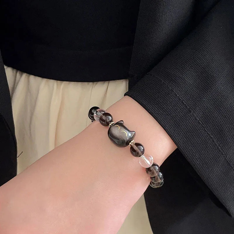 Women's silver tone bracelet with 8mm natural stone and cat head charm