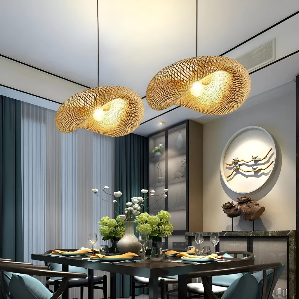 Natural bamboo straw hat-shaped hanging ceiling lamp chandelier on a white background.