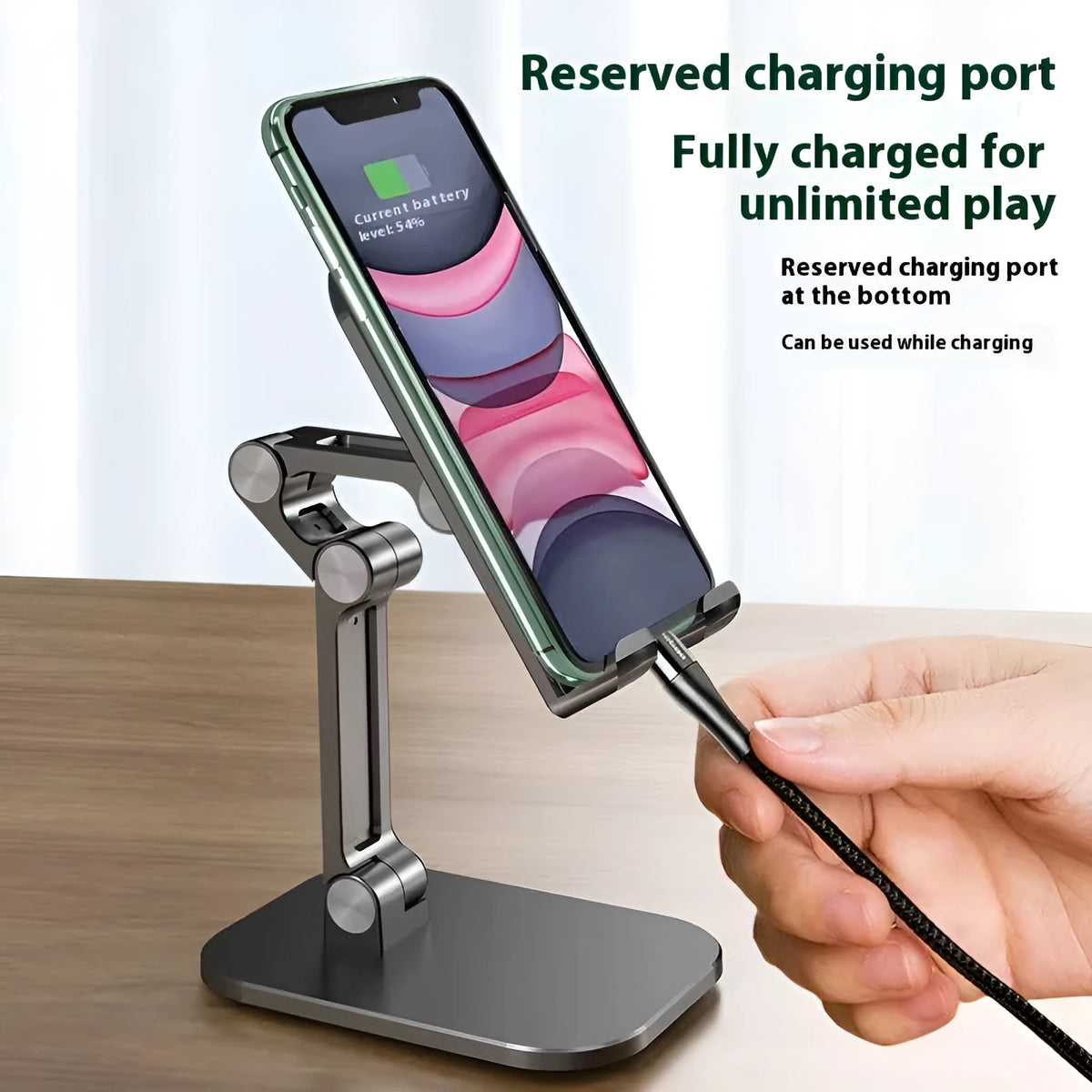 Universal metal folding phone holder in black, white or green with 360 rotating bracket for desktop, car or computer