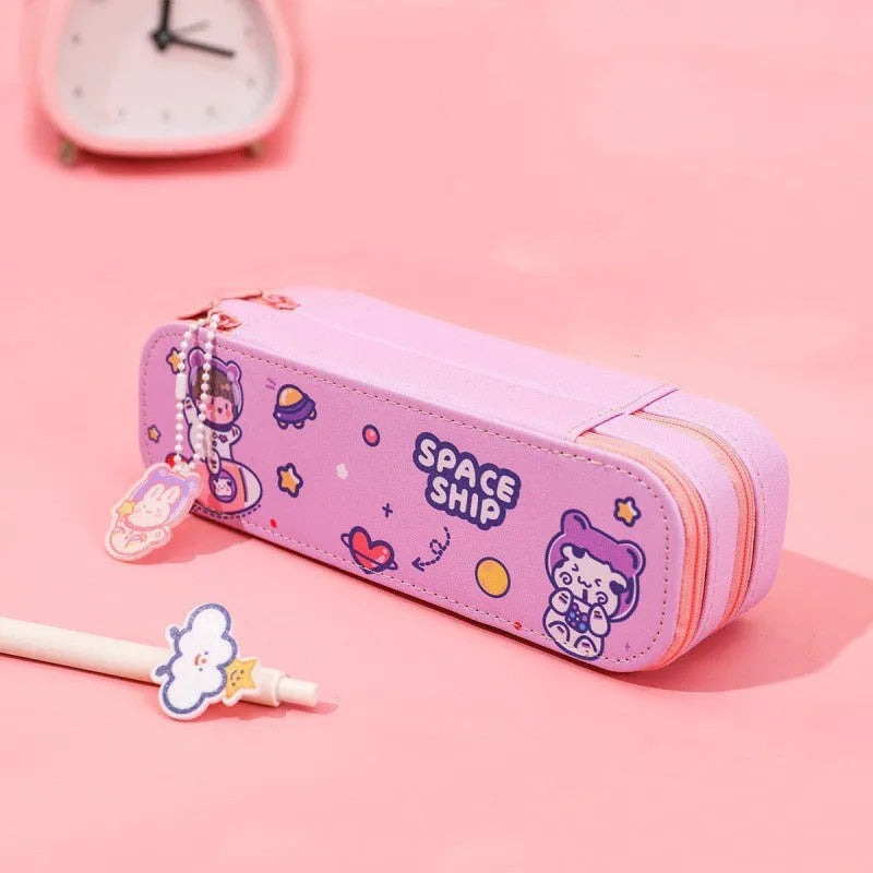 Ins cartoon pencil case with double-layer design in cute astronaut motif, made from PU material, available in various colours