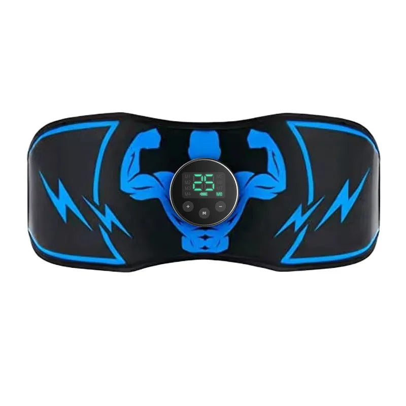 Blue EMS abdominal muscle stimulator with rechargeable battery, wireless remote, belt, and arm stickers