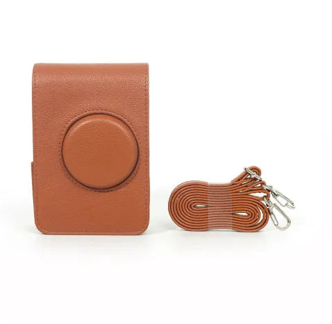 Portable retro PU leather camera storage shoulder bag with curved strap in silver texture finish