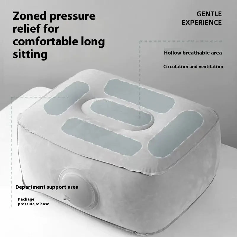 Press inflatable flocked seat cushion shown deflated and folded next to a chair.