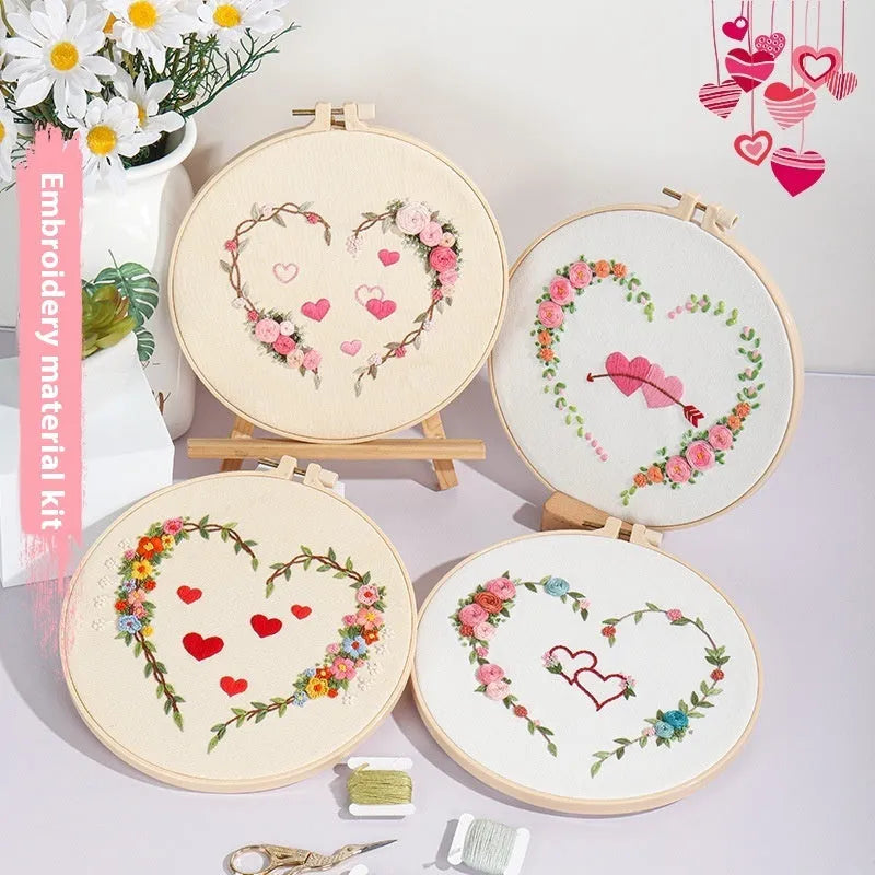 DIY heart embroidery kit with cotton cloth, Nordic style, and 20cm bamboo ring or taboret options