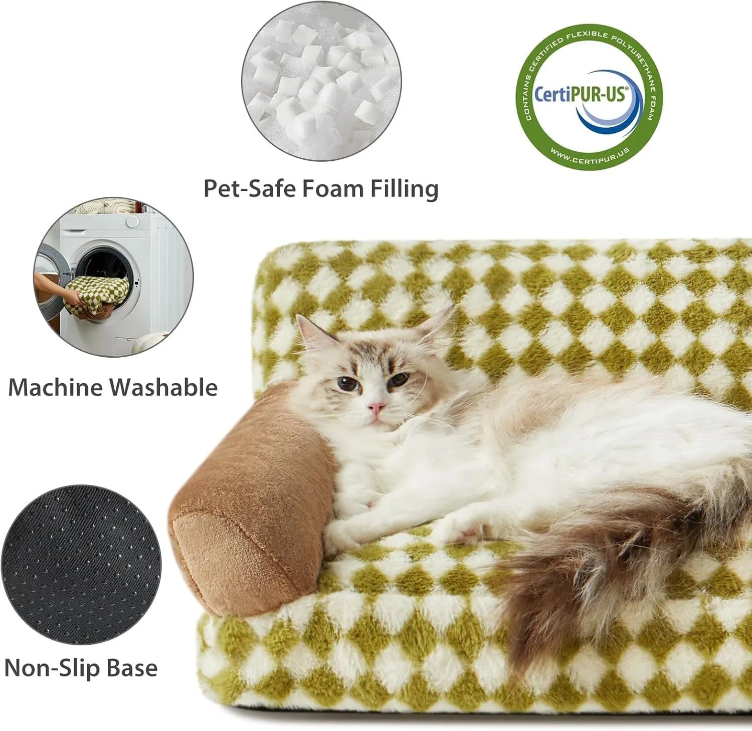Small grey and white checkered pet sofa bed for a cat, showing non-slip bottom and removable cover.