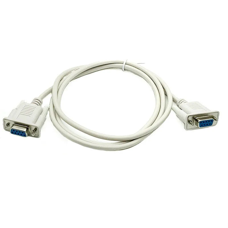 Milky white female-to-female DB9 RS232 serial cable with crossed wiring, 1.5 metres long.