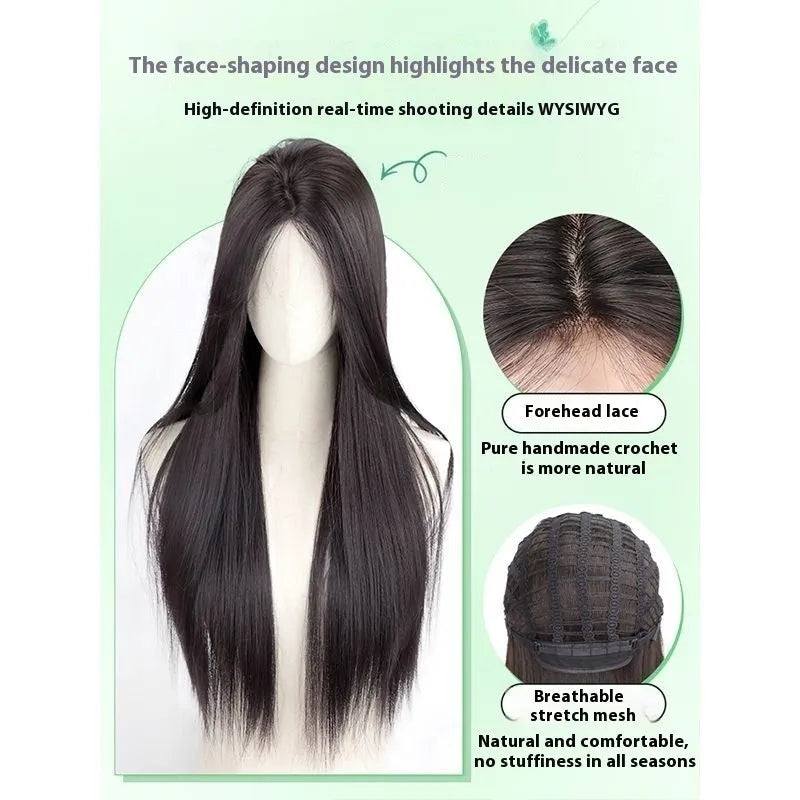 Women's fluffy full-head wig with forehead lace construction in brown black colour with natural hairline appearance