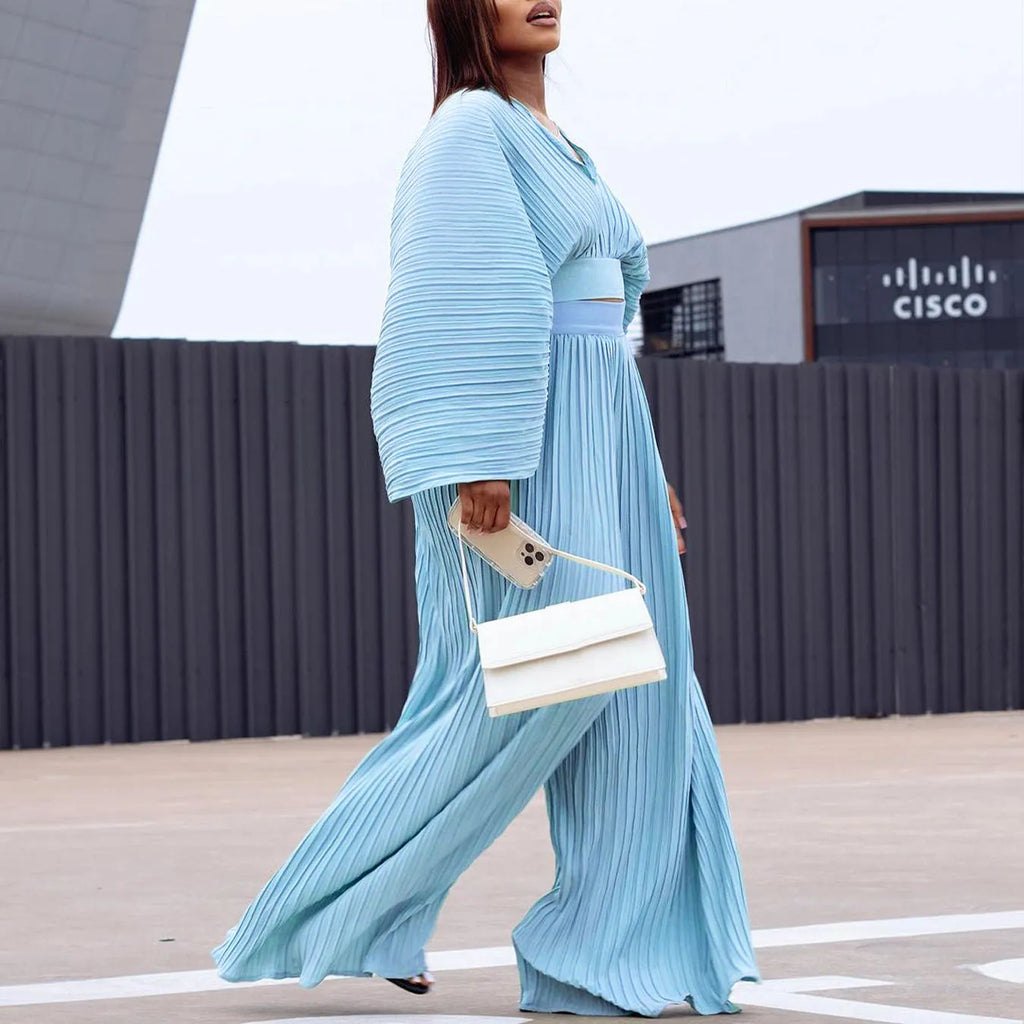 African suit set with batwing sleeve top and wide leg trousers in sapphire blue