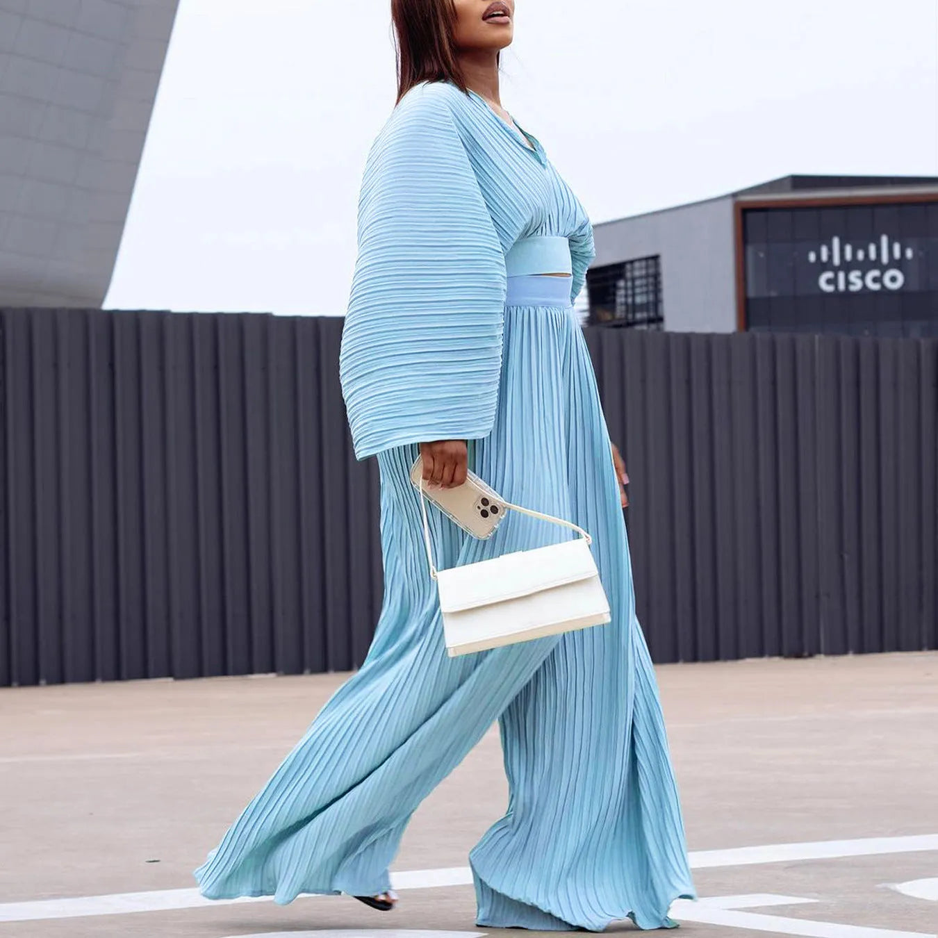 African suit set with batwing sleeve top and wide leg trousers in sapphire blue