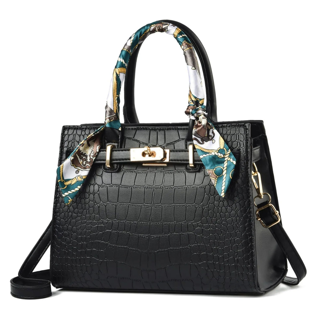 Fashion women's large capacity shoulder bag in PU with matching scarf, horizontal square shape