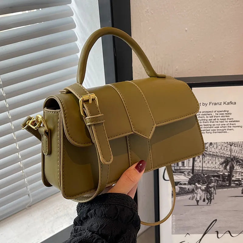 Women's beige PU leather messenger bag with sandwich pocket and horizontal square design