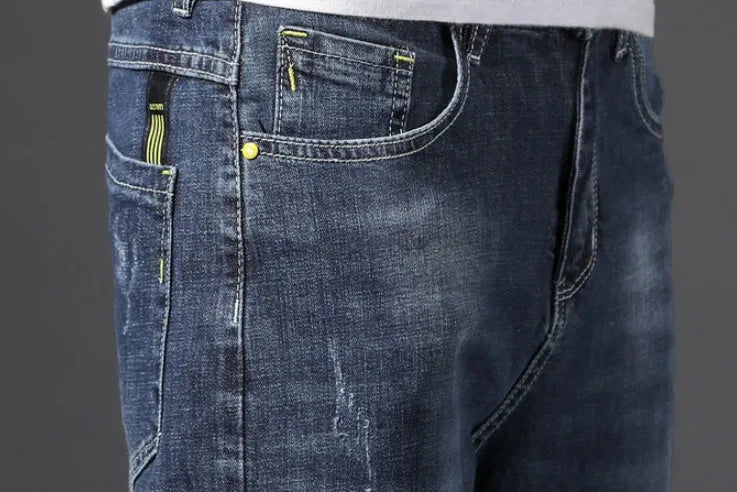 Men's stretch cotton jeans straight leg cropped Korean style blue grey washe