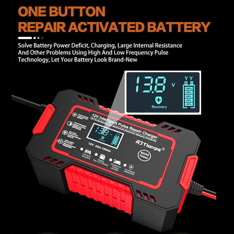 12V intelligent pulse repair battery charger with reverse connection protection and screen display for lead-acid batteries