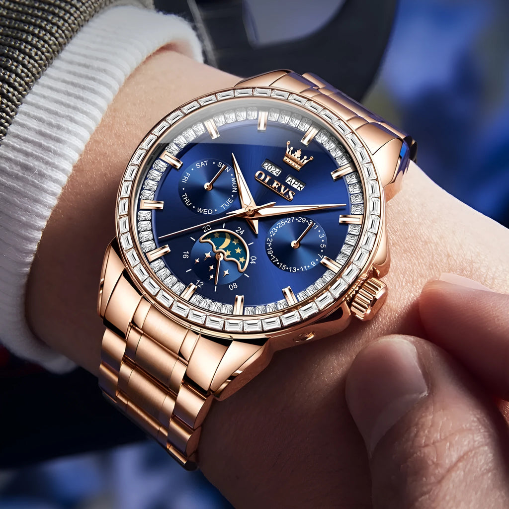 Men's automatic mechanical watch with diamond hour markers and transparent case back on stainless steel strap