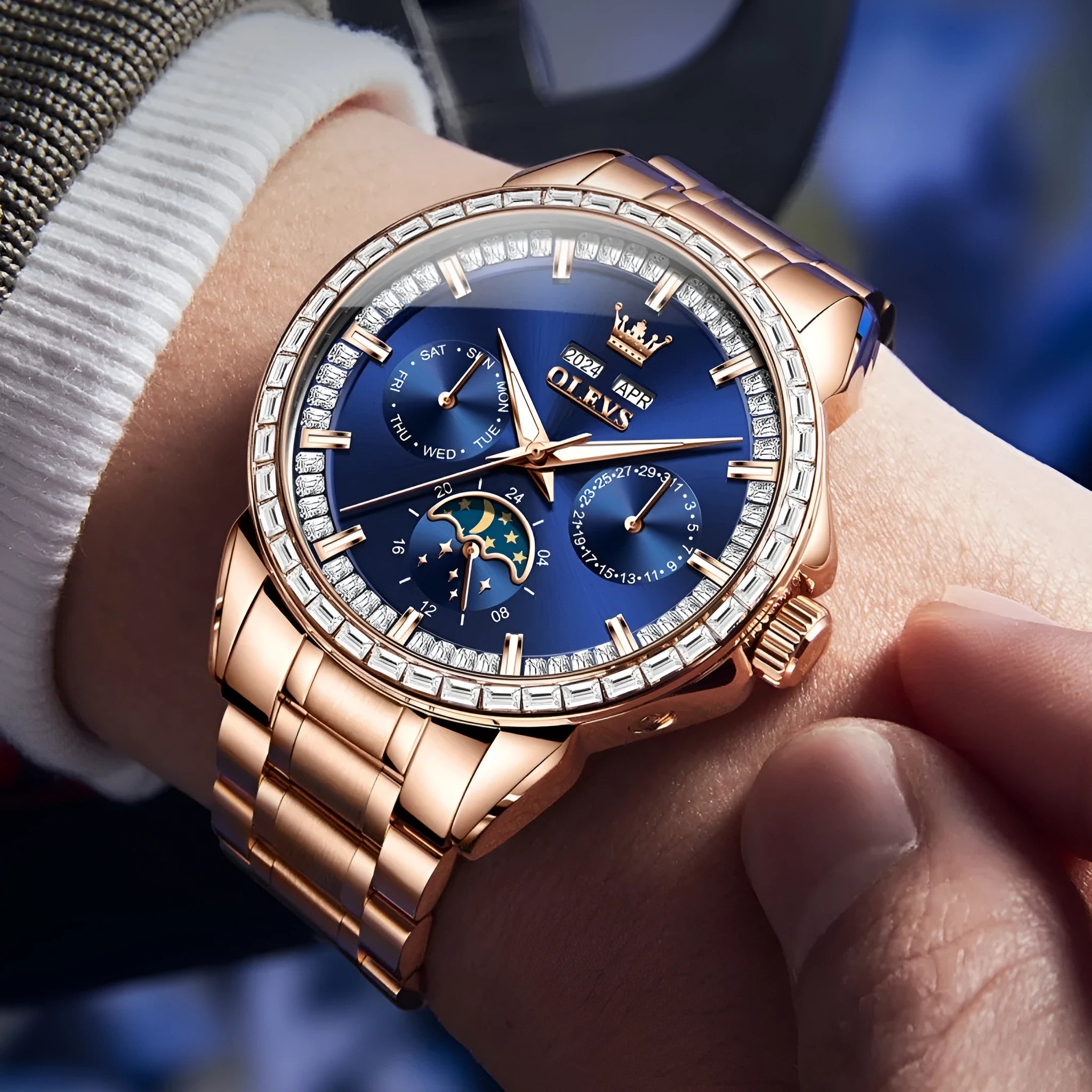 Men's automatic mechanical watch with diamond hour markers and transparent case back on stainless steel strap