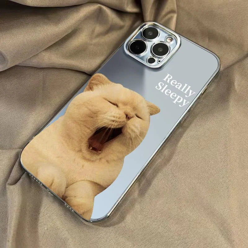 Simple Sleepy Yawn Cat phone case in black colour for iPhone with sprayed graphic on TPE material.
