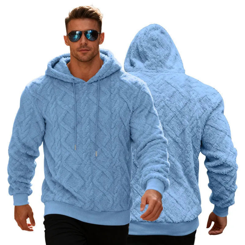 Loose pullover sweatshirt in double-sided velvet with fleece lining, shown in black, light grey, light blue, apricot and brown, sizes S to XXXL