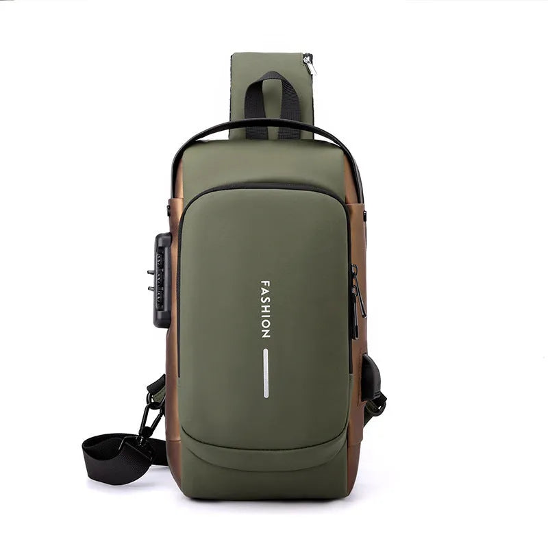Men's anti-theft chest bag in solid colour, polyester with Oxford fabric lining, crossbody style for travel