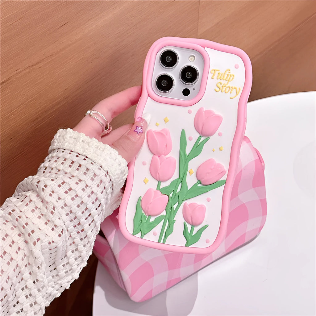 3D tulip silicone phone case with frosted finish and fall protection, in pink or colour matching for iPhone models