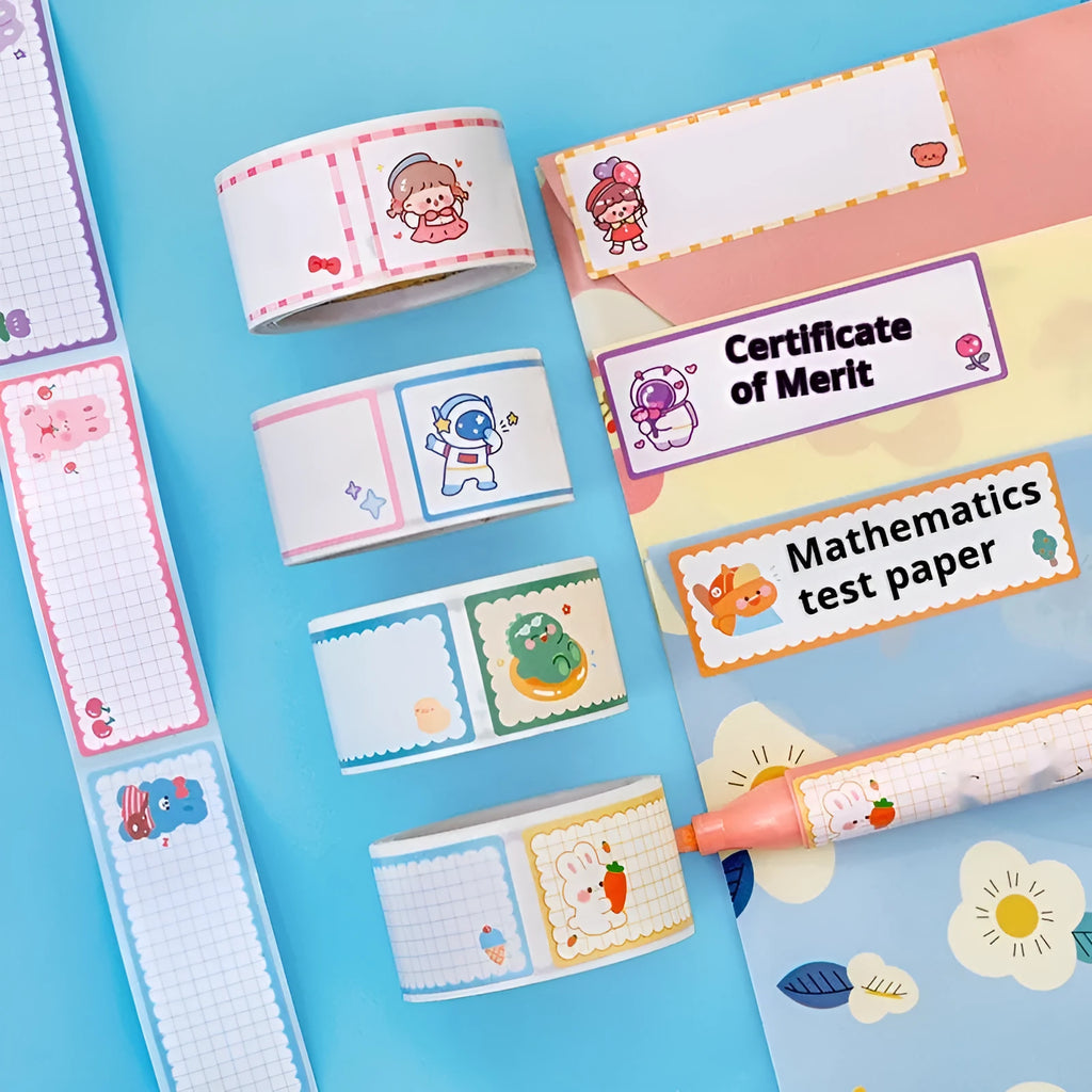 Roll of cartoon name tape stickers showing dinosaur, astronaut, rabbit, and girl cute design themes.