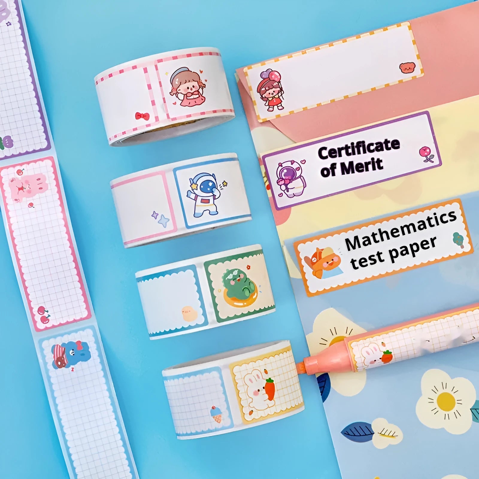 Roll of cartoon name tape stickers showing dinosaur, astronaut, rabbit, and girl cute design themes.