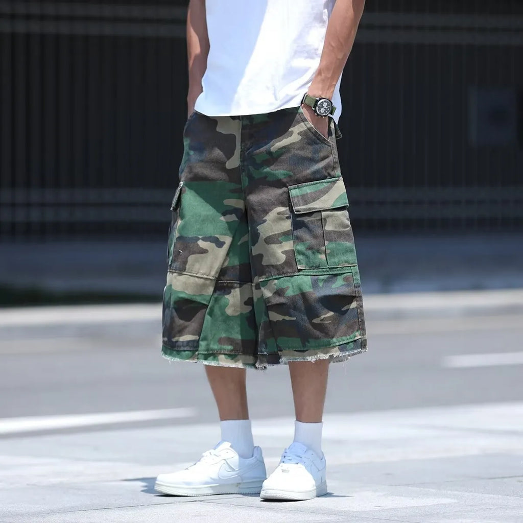 American retro workwear shorts in camouflage pattern with loose cropped fit