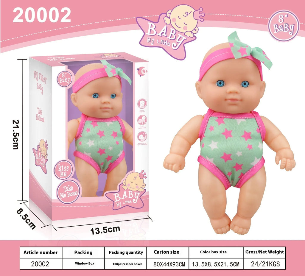 Simulation baby vinyl figurine doll measuring 21.5cm tall, displayed in one of six available colour finishes.