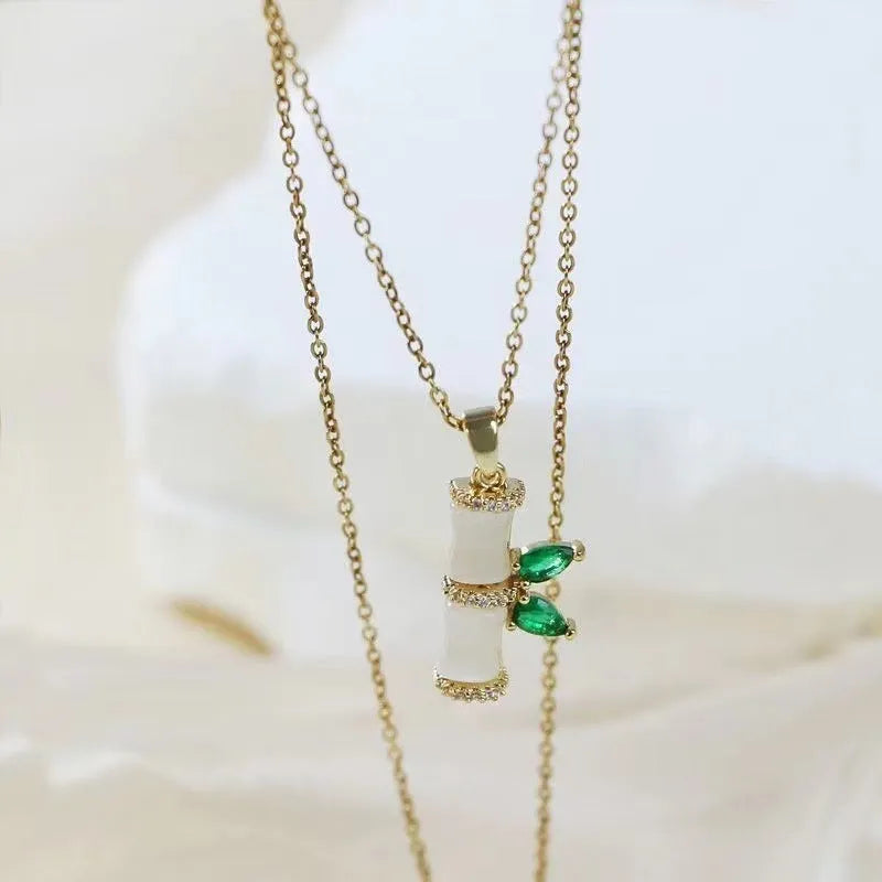 Green bamboo pendant necklace for women with O-ring chain and electroplated zinc alloy finish