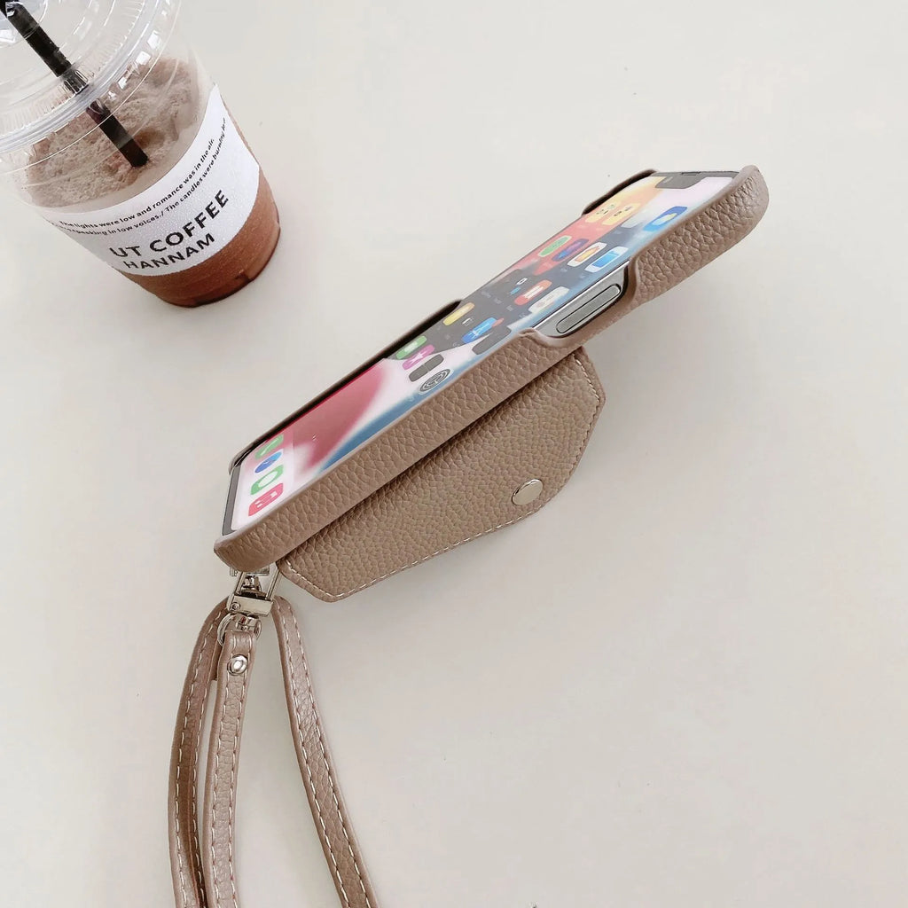 Crossbody phone case with card holder and lanyard for iPhone, lychee pattern PC leather, multiple colours