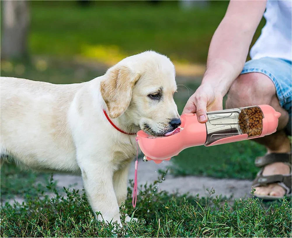 Versatile 3-in-1 pet water bottle with feeding bowl and waste bag storage in various colors