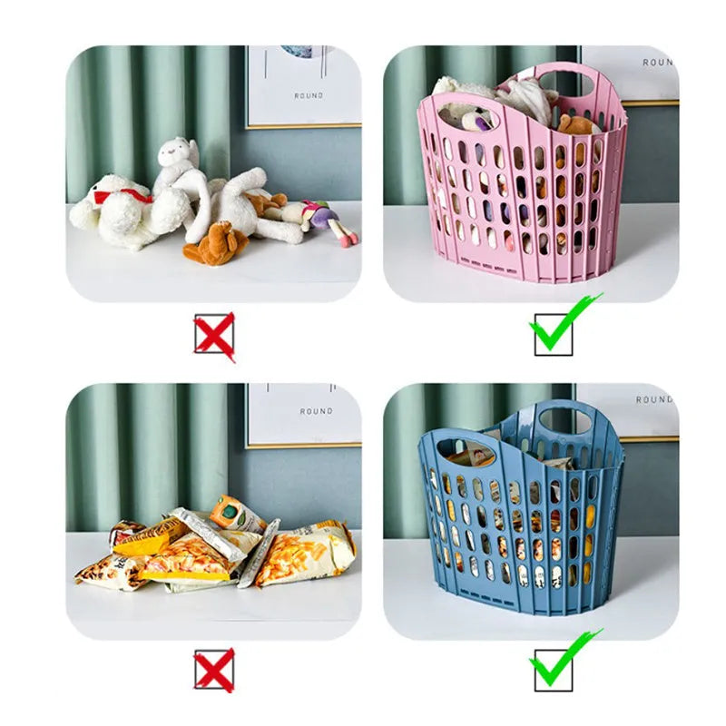 Plastic folding dirty laundry basket in mesh PP material, available in blue, grey, pink