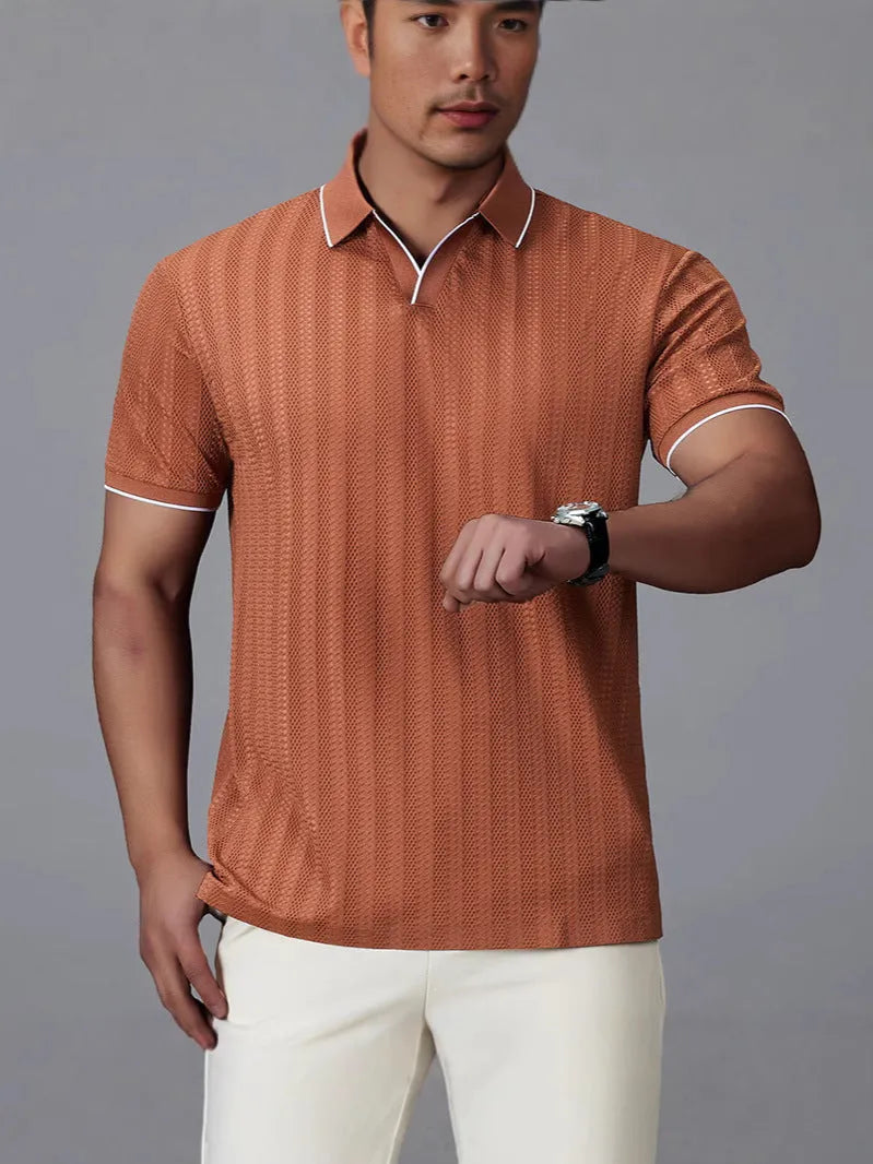 Men's black nylon polo shirt with short sleeves and loose casual fit on hanger