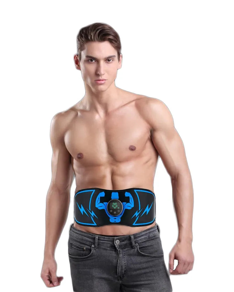 Blue EMS abdominal muscle stimulator with rechargeable battery, wireless remote, belt, and arm stickers