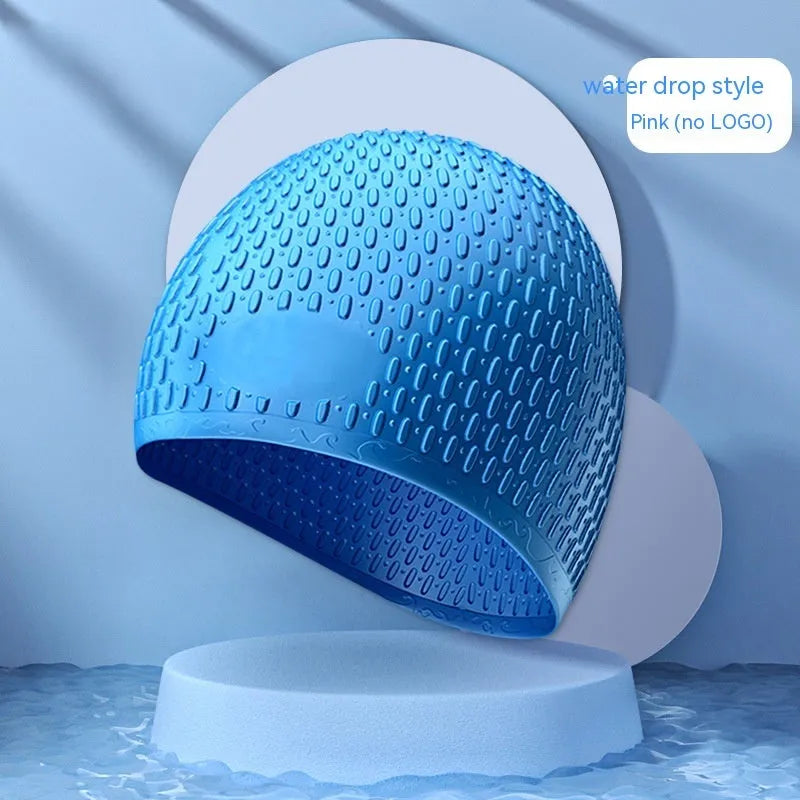 Solid colour silicone swimming cap with water drop design for adult swimmers