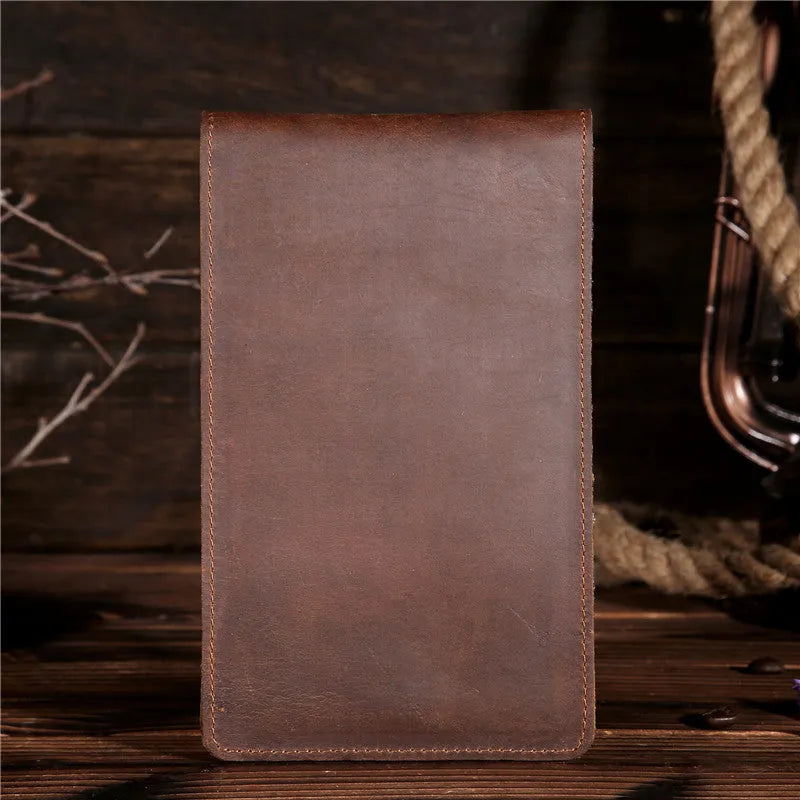 Men's black cowhide leather card holder wallet open to show 18 card slots, money pocket, and phone pocket.