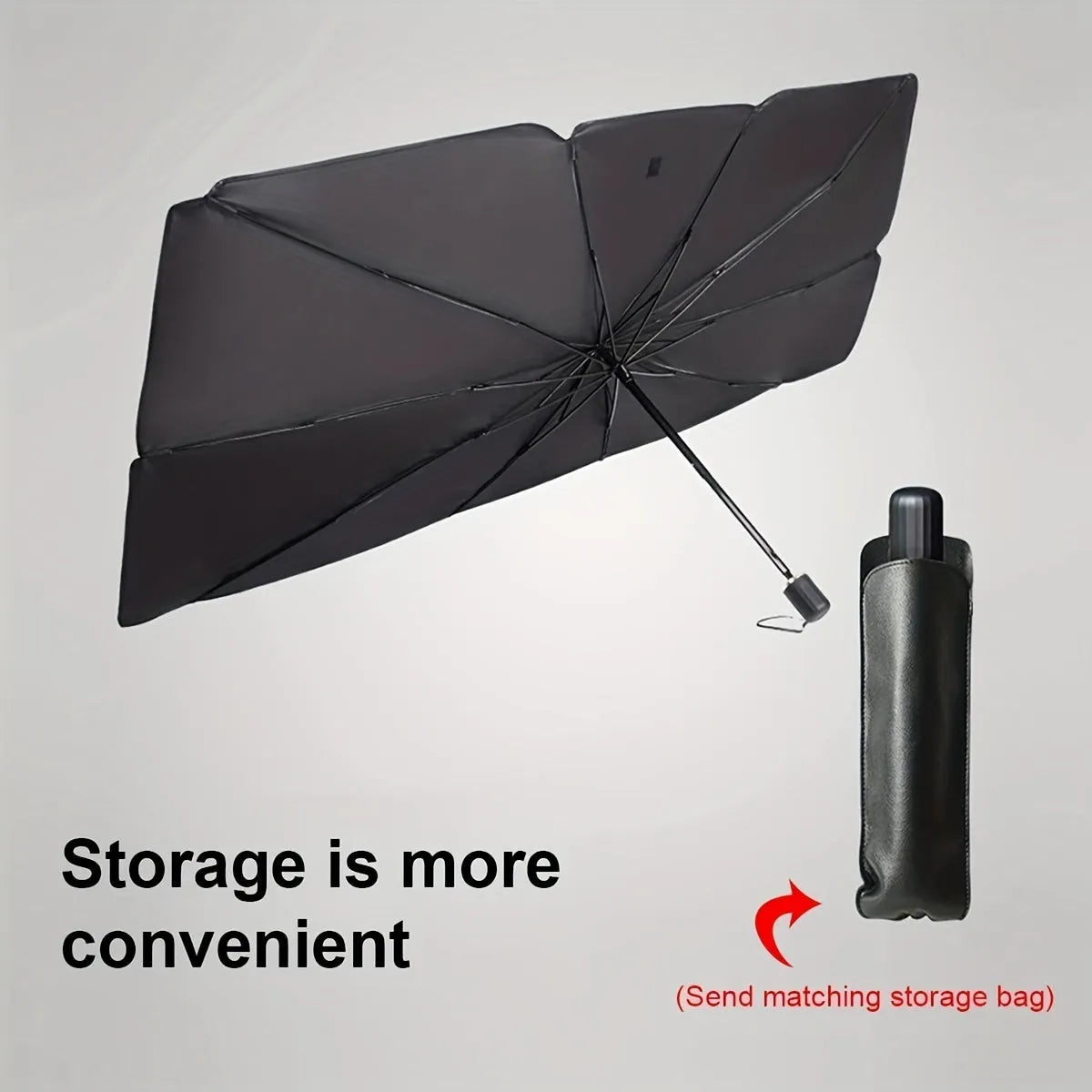 Foldable car windshield sunshade umbrella shown open against a car windscreen and folded compactly.