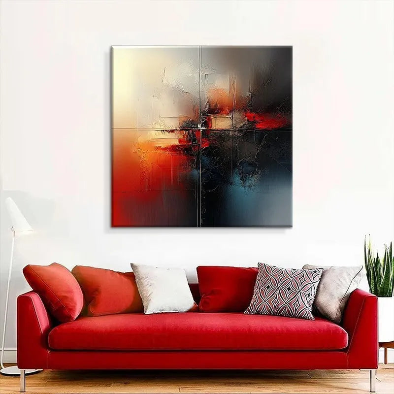 Handmade abstract red oil painting on canvas, square format, rolled frameless wall art