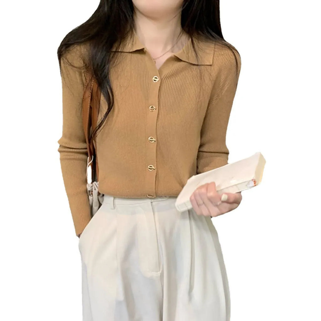 Women's beige knitted cardigan top with long sleeves and loose fit design
