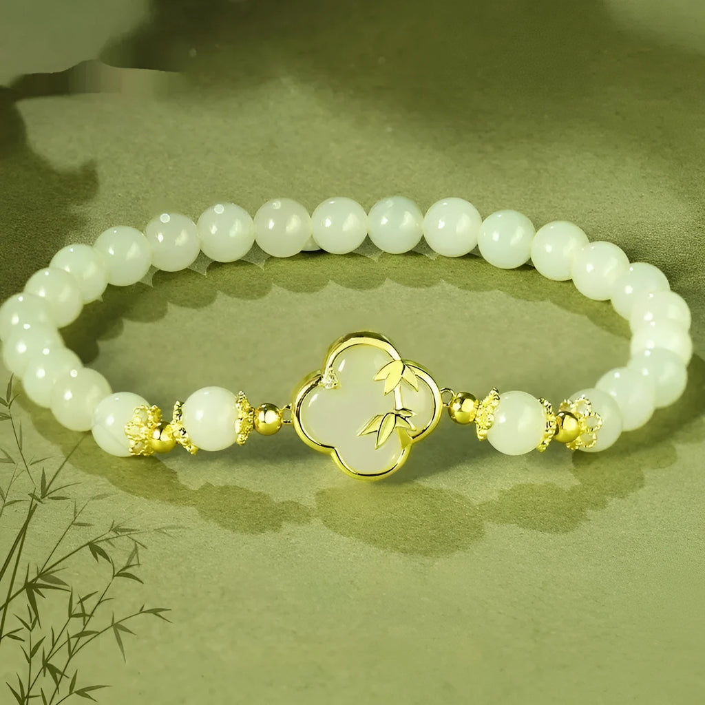 Hetian Jade bracelet and necklace set with bamboo newspaper tone colour and leaf design