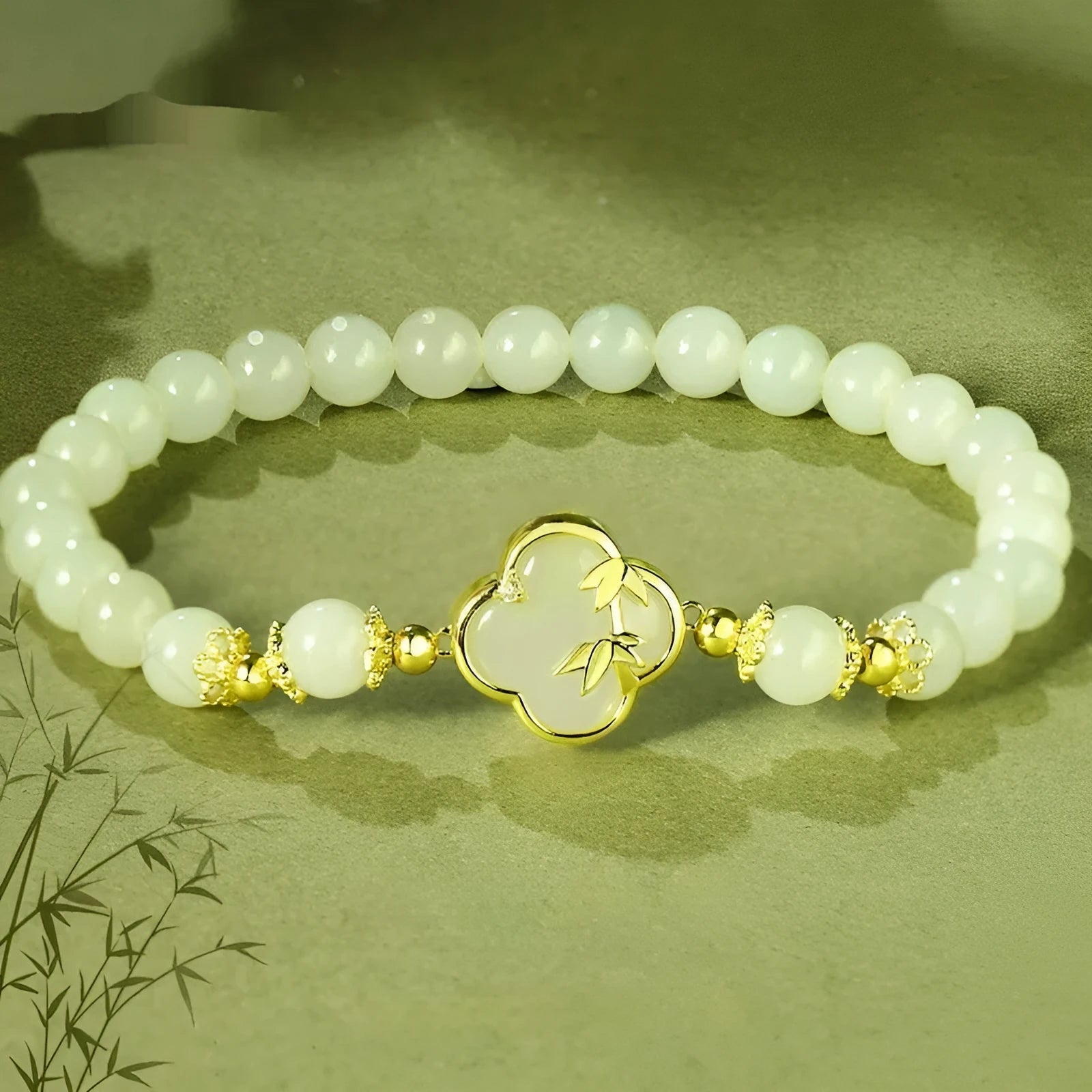 Hetian Jade bracelet and necklace set with bamboo newspaper tone colour and leaf design