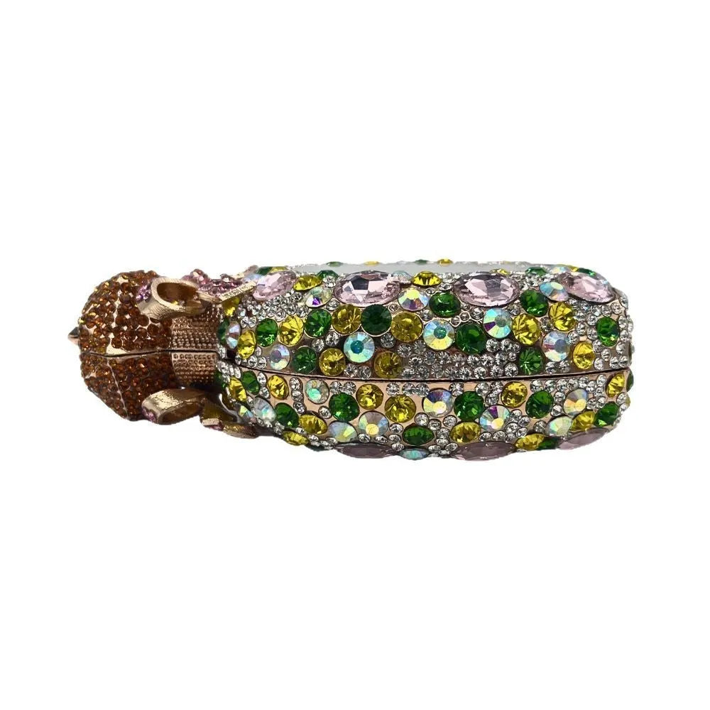 Women's hard alloy clutch bag with full diamond embellishment, shown in a golden colour.